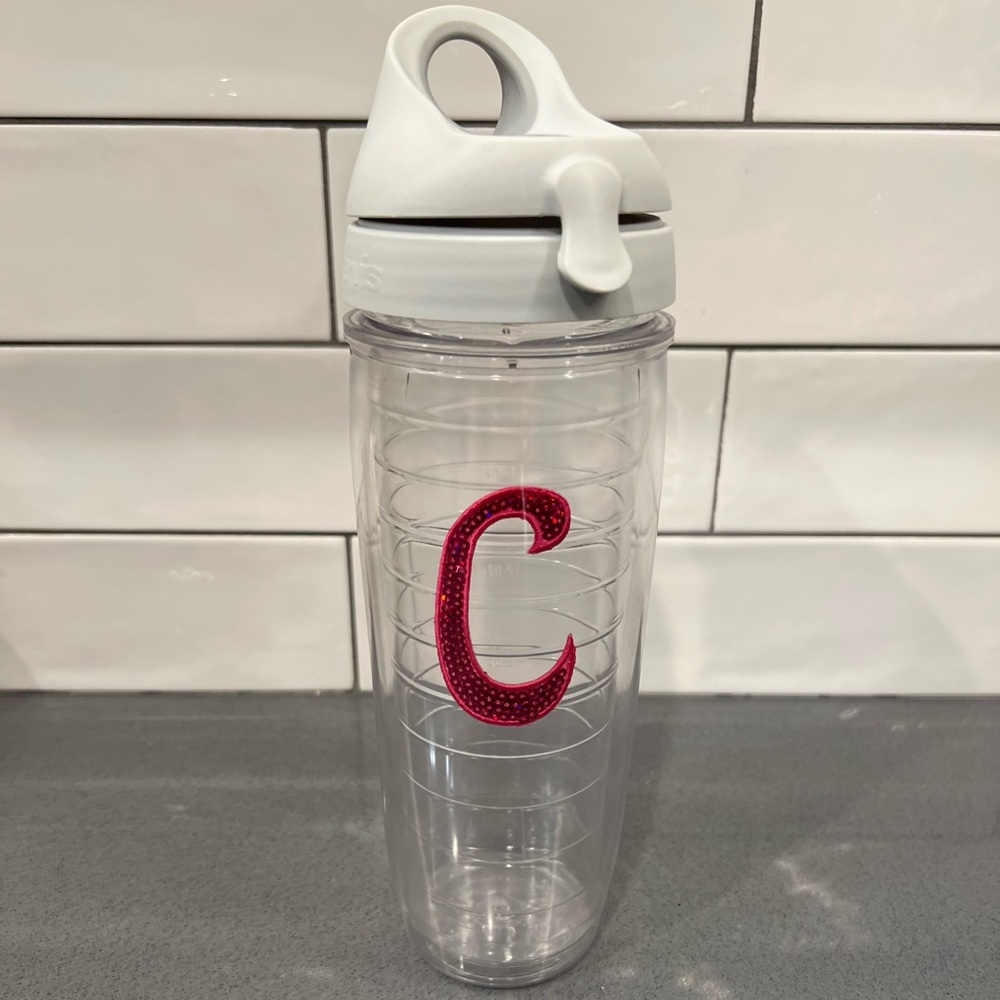 Tervis ~24OZ clear plastic tumbler with Pink “C” initial Double wall insulation